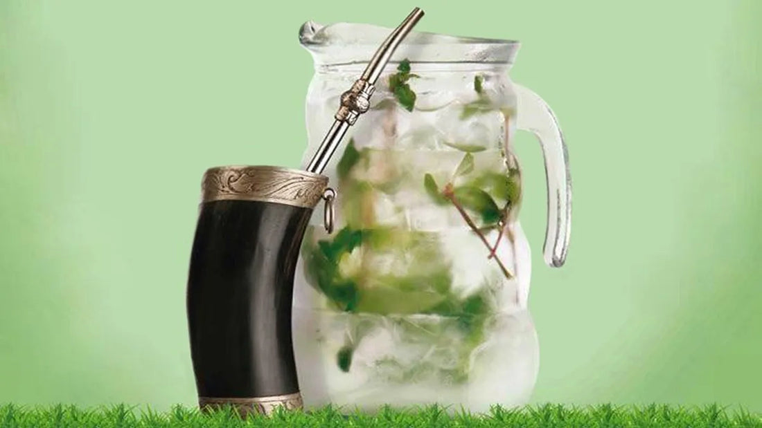 Tereré y jarra de zumo sobre fondo verde
