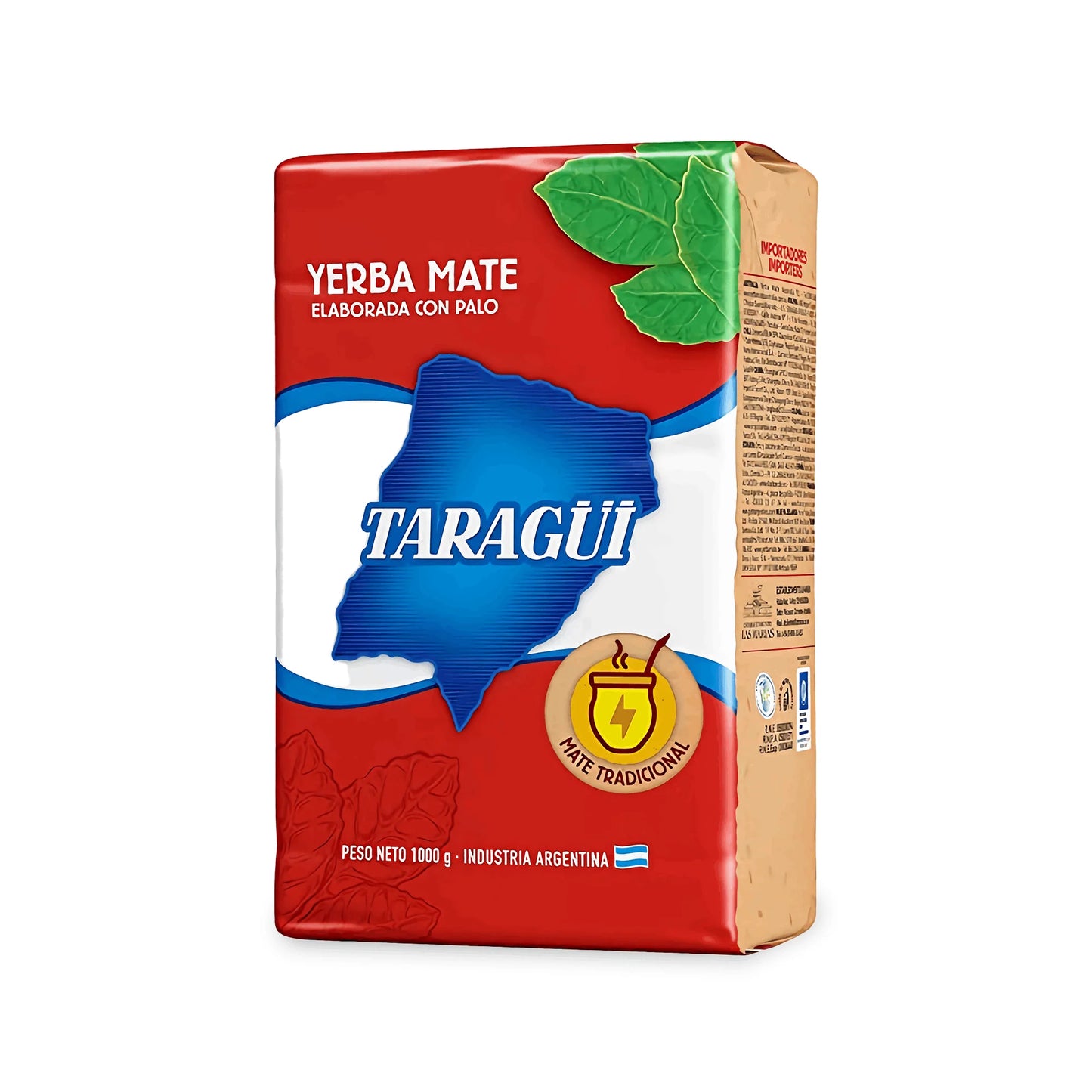 Yerba Mate Taragui 1kg. Diseño en rojo, azul y blanco.