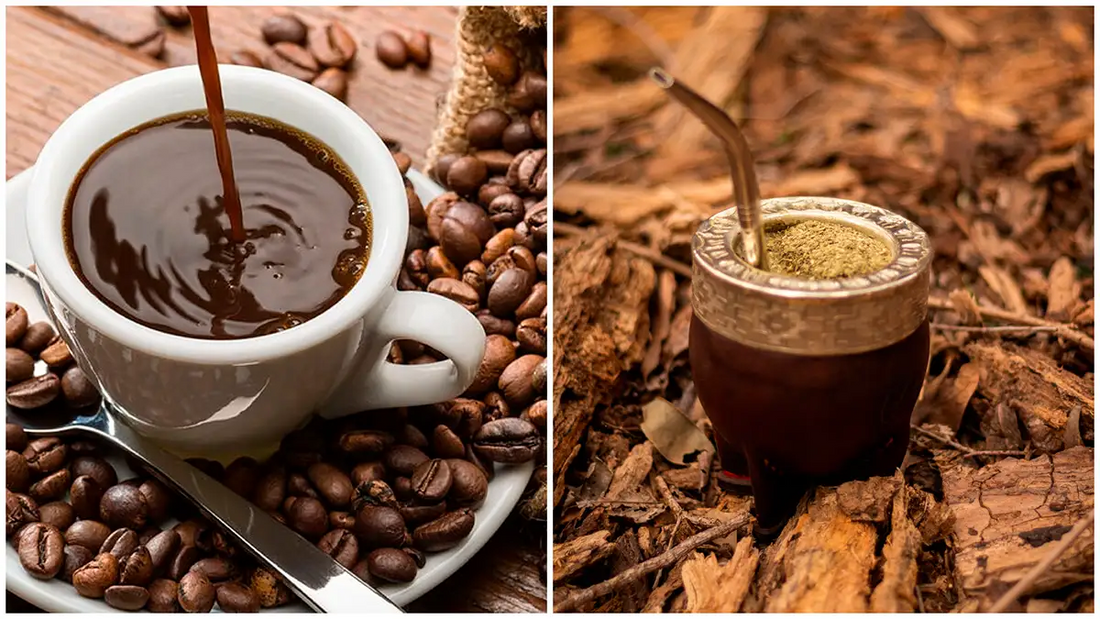 A la izquierda se ven granos y una taza de café y a la derecha un mate argentino