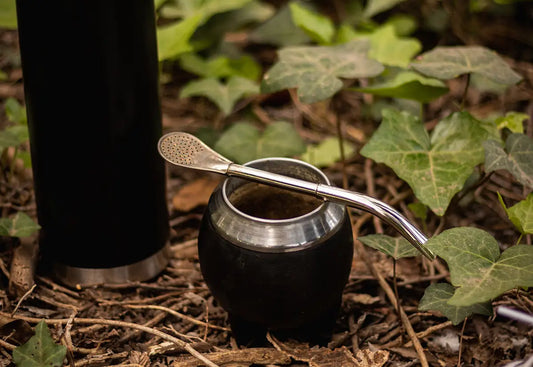 Mate de calabaza forrado en cuero negro con bombilla arriba y termo en el fondo