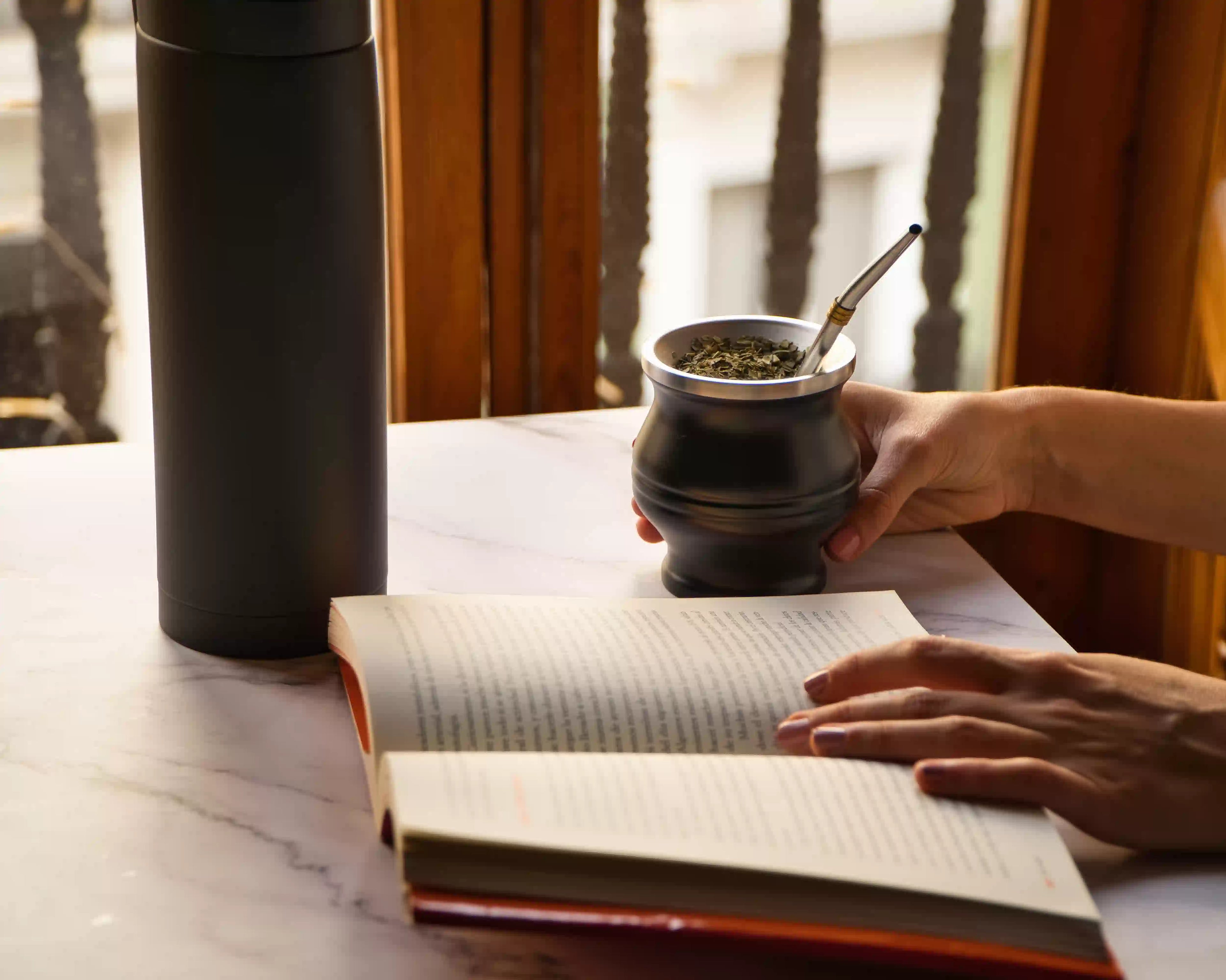 Persona leyendo un libro y tomando mate