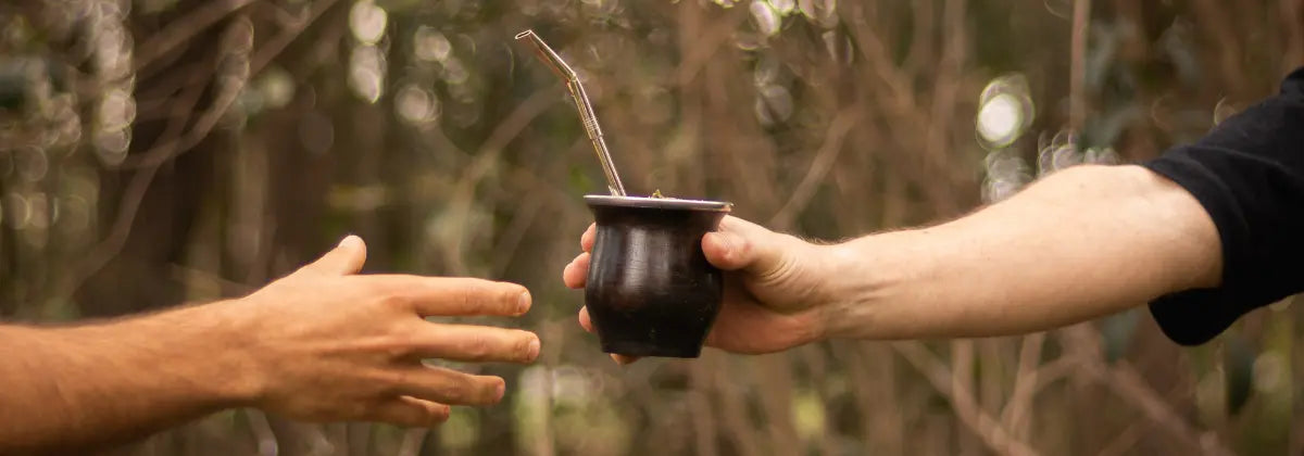 una mano pasando un mate hacia otra mano en la naturaleza