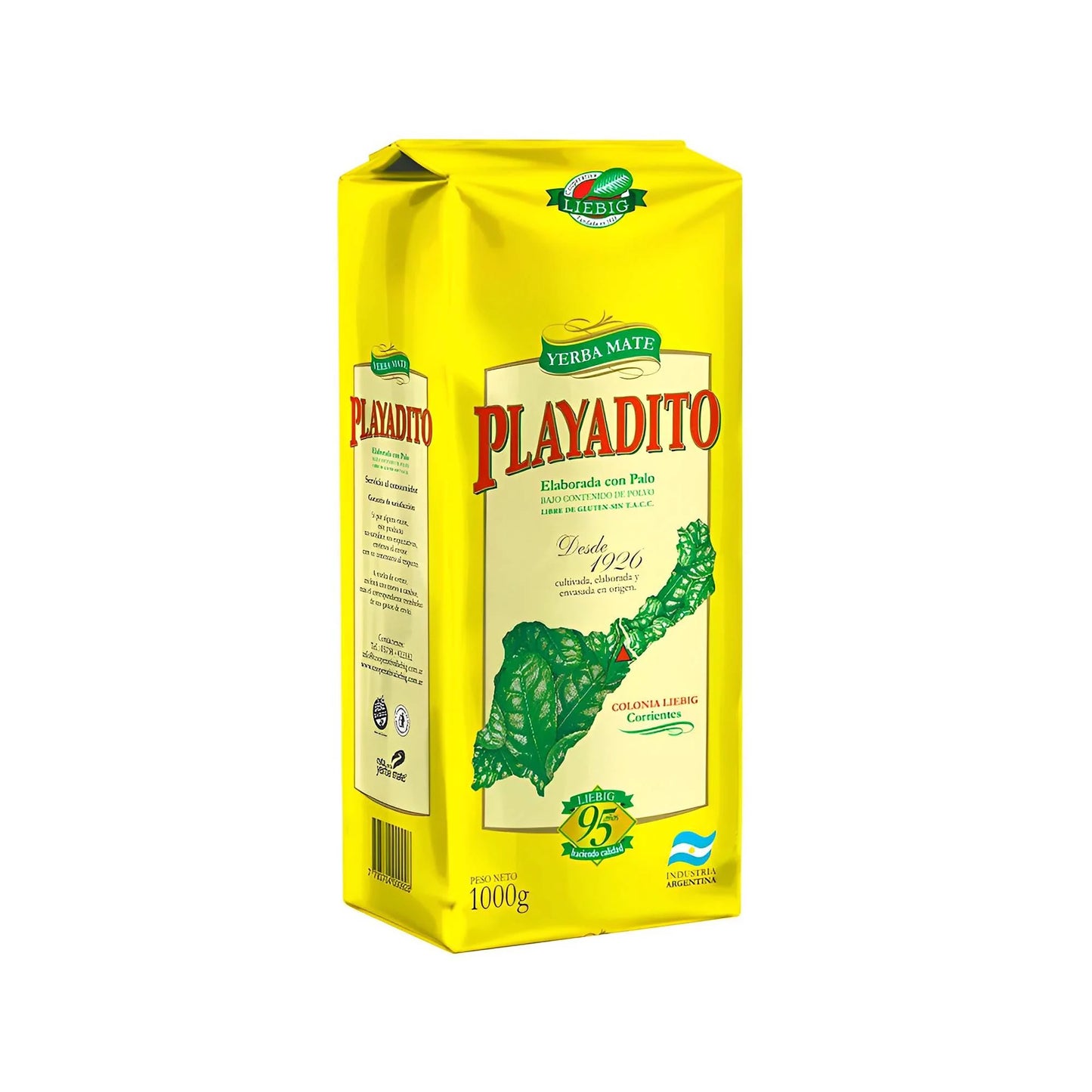 Paquete de yerba mate Playadito 1kg. Diseño en amarillo y verde. 