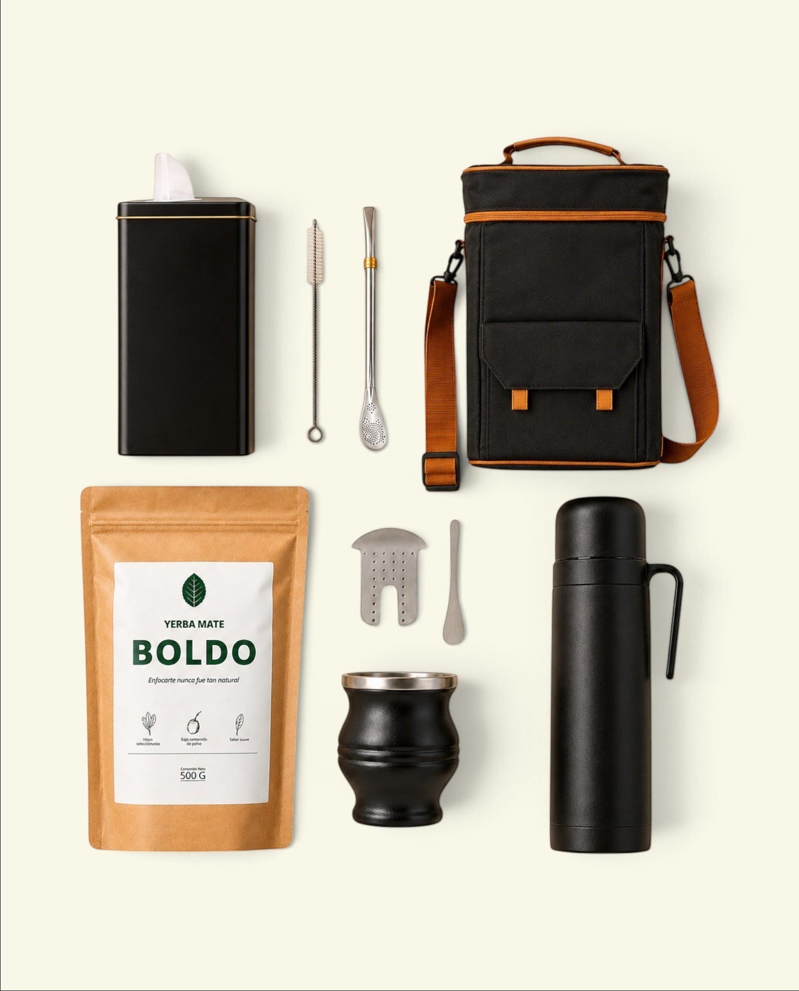 Boldo complete mate kit with black thermos, yerba mate bag, mate gourd, bombilla, and carrying bag on light background
