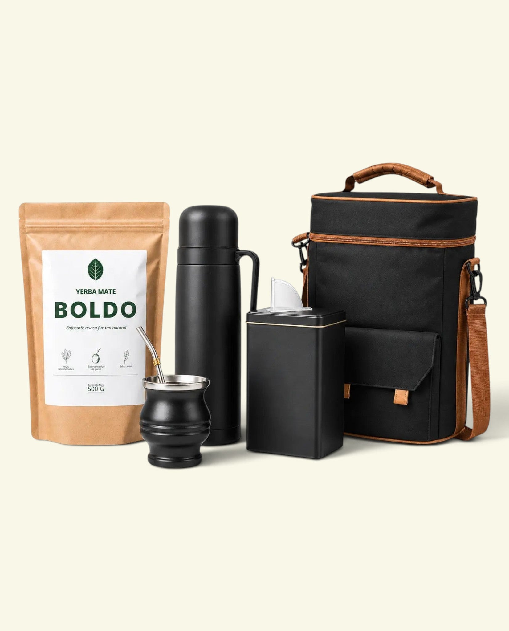 Kit completo de Boldo con termo, mate, bombilla, yerbera y bolso matero negro para transportar yerba mate