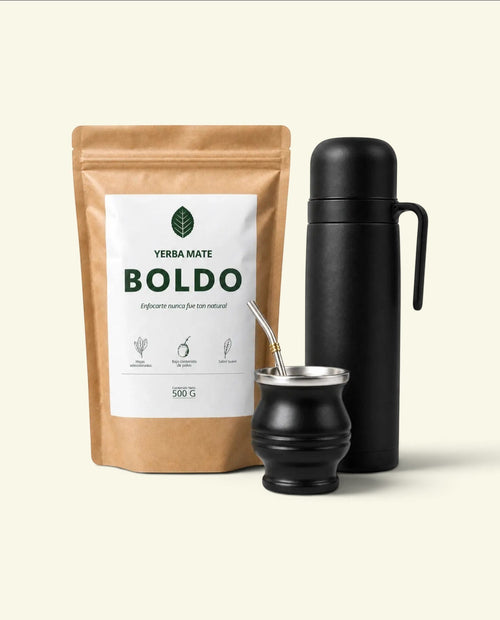 Kit diario Boldo con paquete de yerba mate, termo térmico negro y mate con bombilla para disfrutar en cualquier lugar