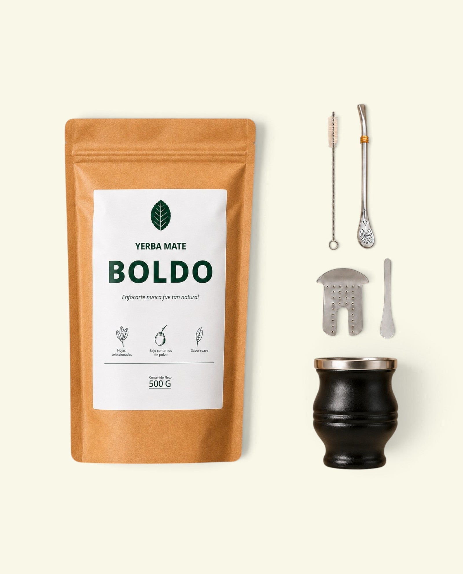 Boldo Kit Esencial featuring a 500g bag of yerba mate, a black mate gourd, metal bombilla straw, and cleaning brush.
