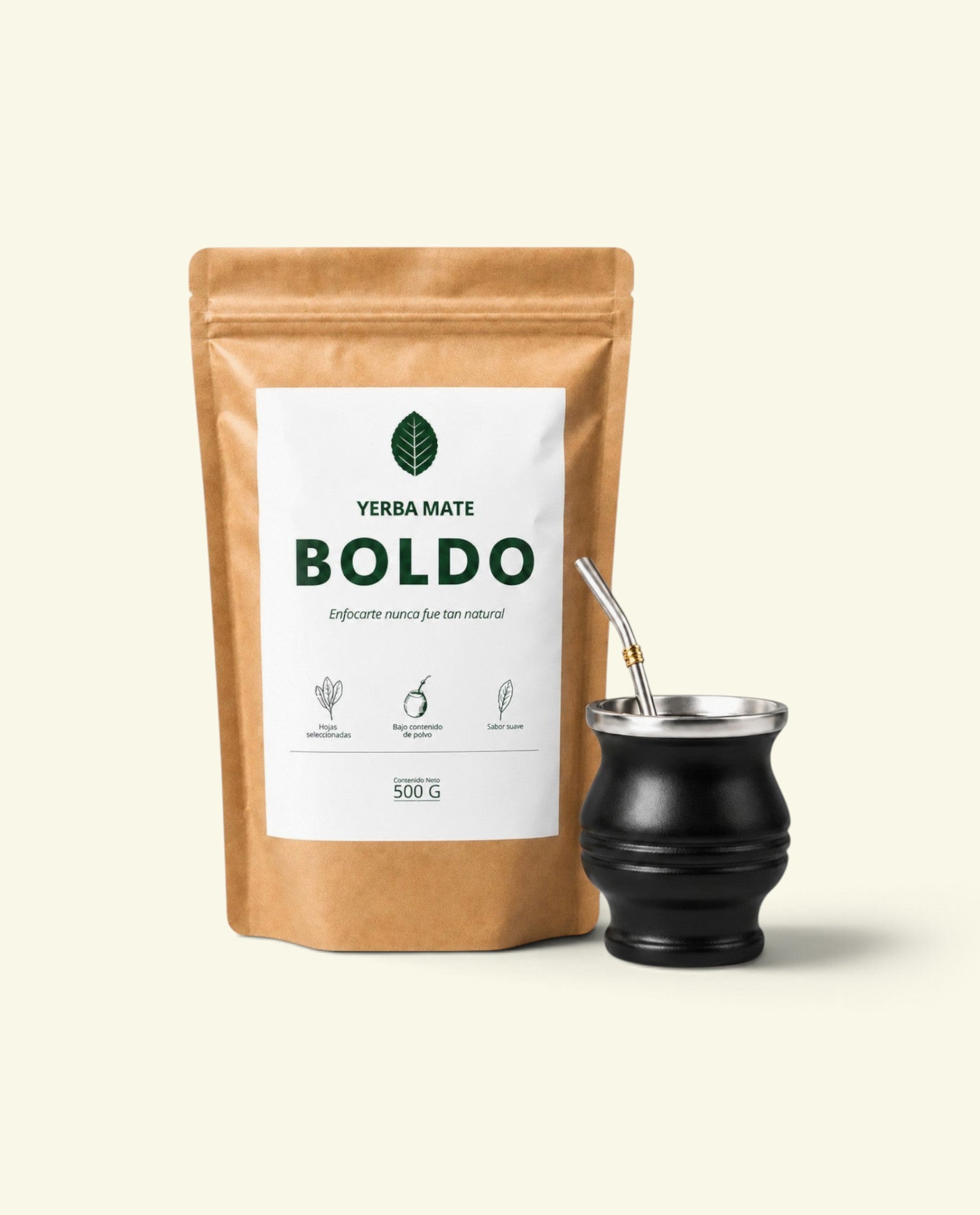 Kit Esencial Boldo con paquete de yerba mate de 500g, mate negro de acero y bombilla de metal