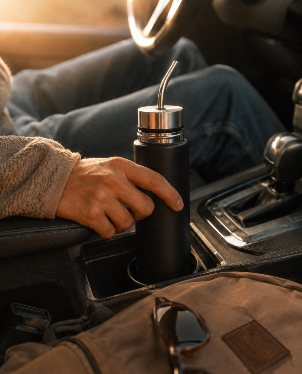 Mate Listo de Boldo en color negro, termo de acero inoxidable con bombilla integrado en el portavasos de un coche.