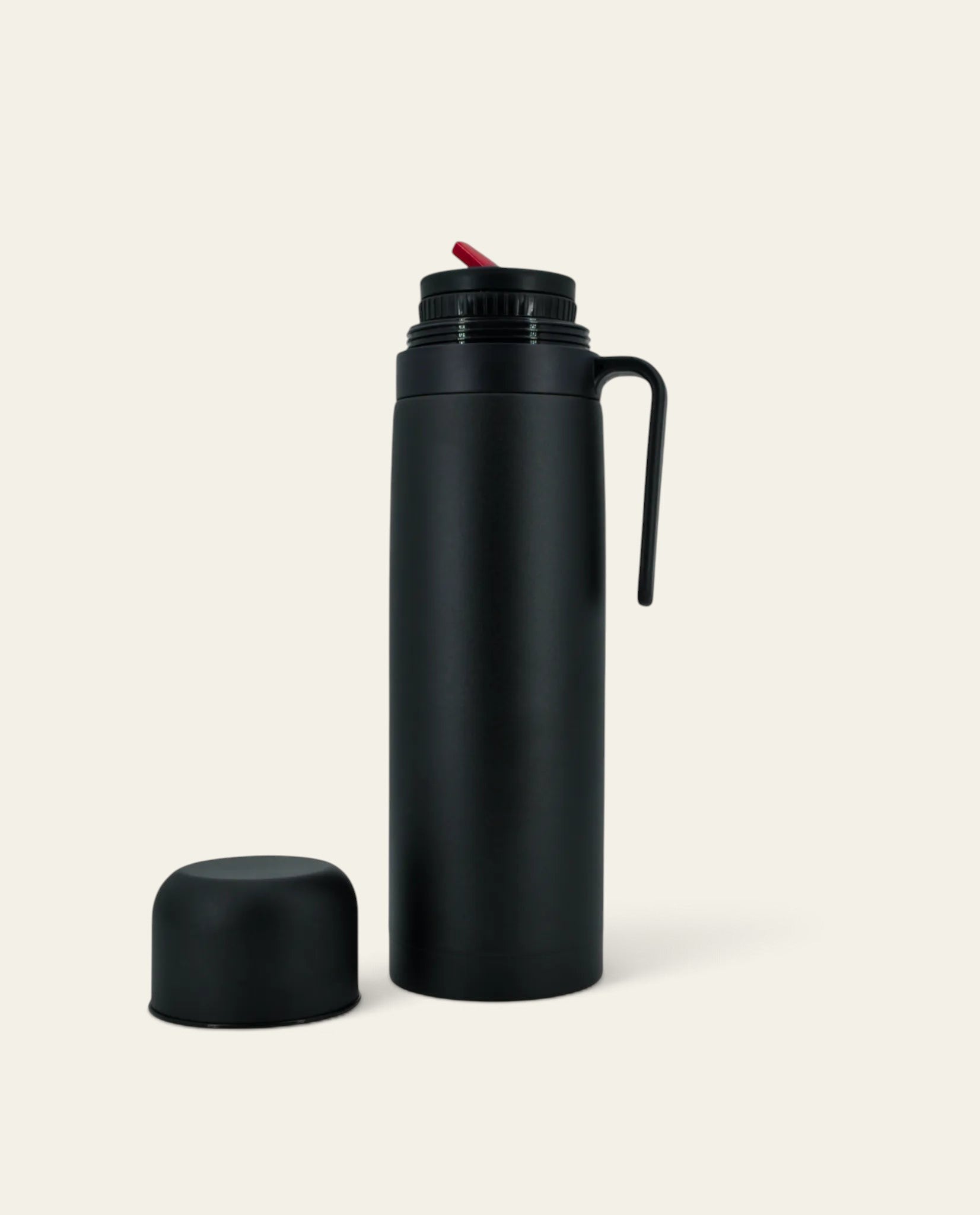 Boldo 1-liter matte black stainless steel thermal flask with a spill-proof pouring spout and ergonomic handle.