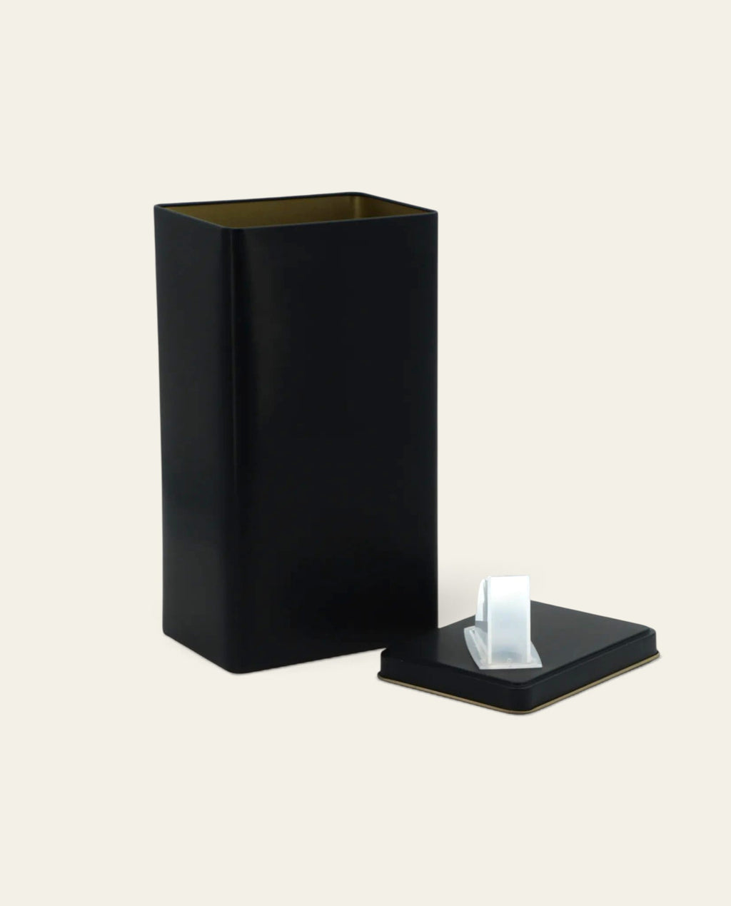 Boldo stainless steel yerba mate canister in matte black with a square design and a convenient pouring spout lid.