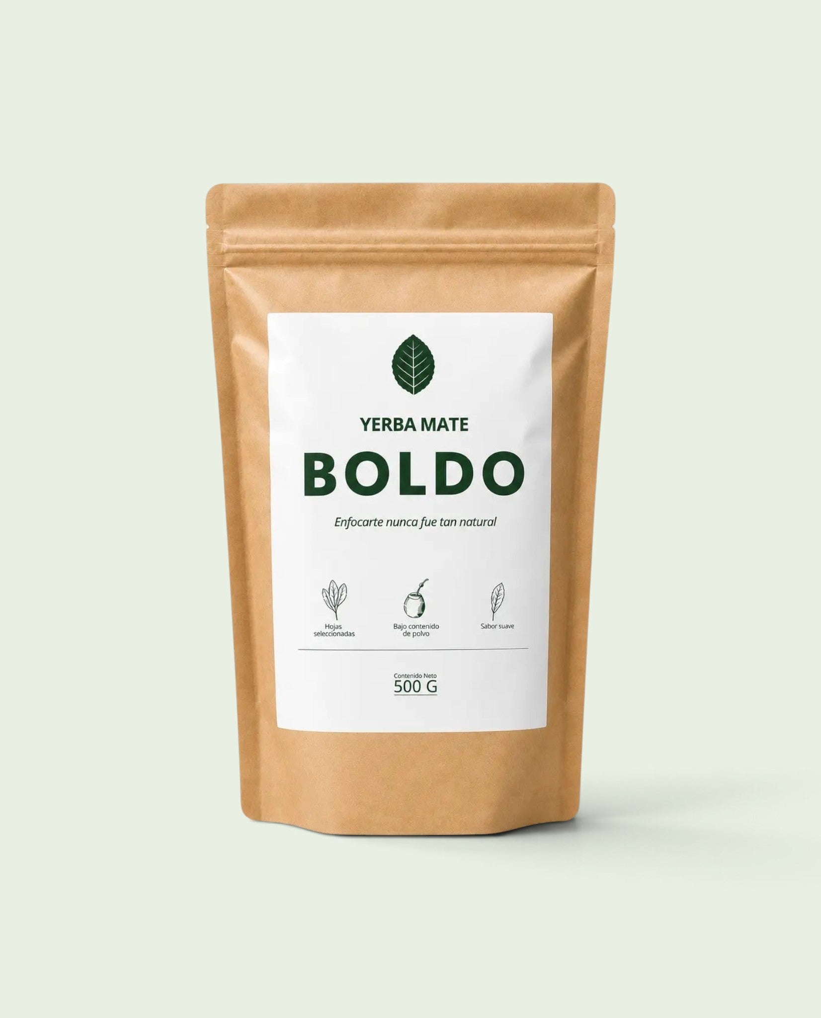Bolsa de 500g de Yerba Mate Boldo en empaque kraft con diseño minimalista y etiquetas de calidad natural