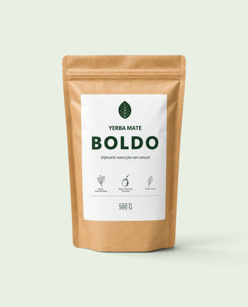 Bolsa de 500g de Yerba Mate Boldo en empaque kraft con diseño minimalista y etiquetas de calidad natural