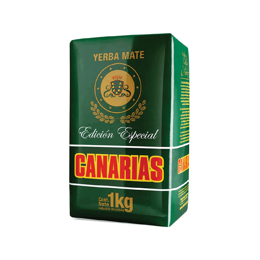 Paquete de yerba mate Canarias Edición Especial de 1kg en fondo verde con logo y texto en amarillo y rojo.