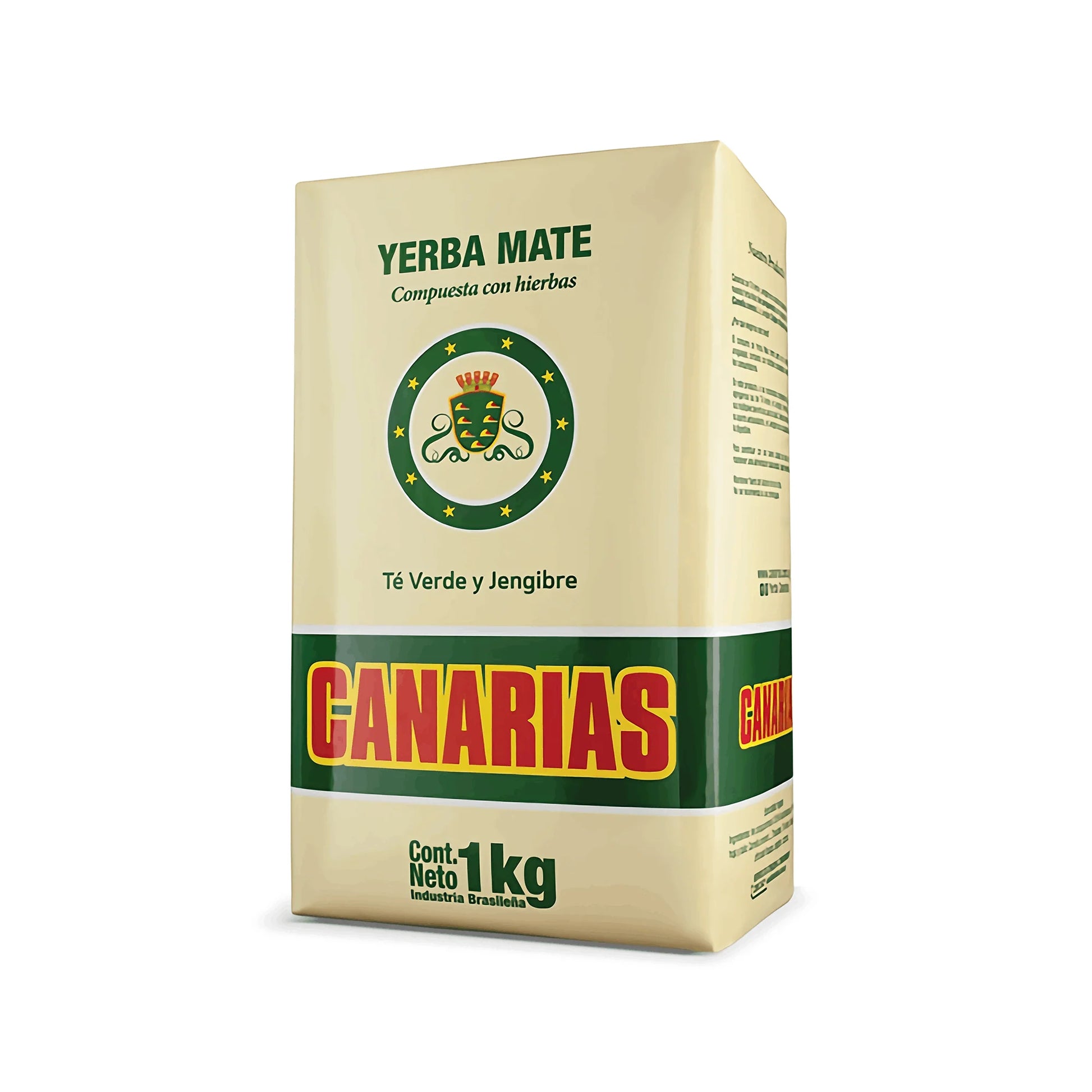 Paquete de yerba mate Canarias Té Verde y Jengibre 1kg en fondo color crema con logo y texto en amarillo, verde y rojo