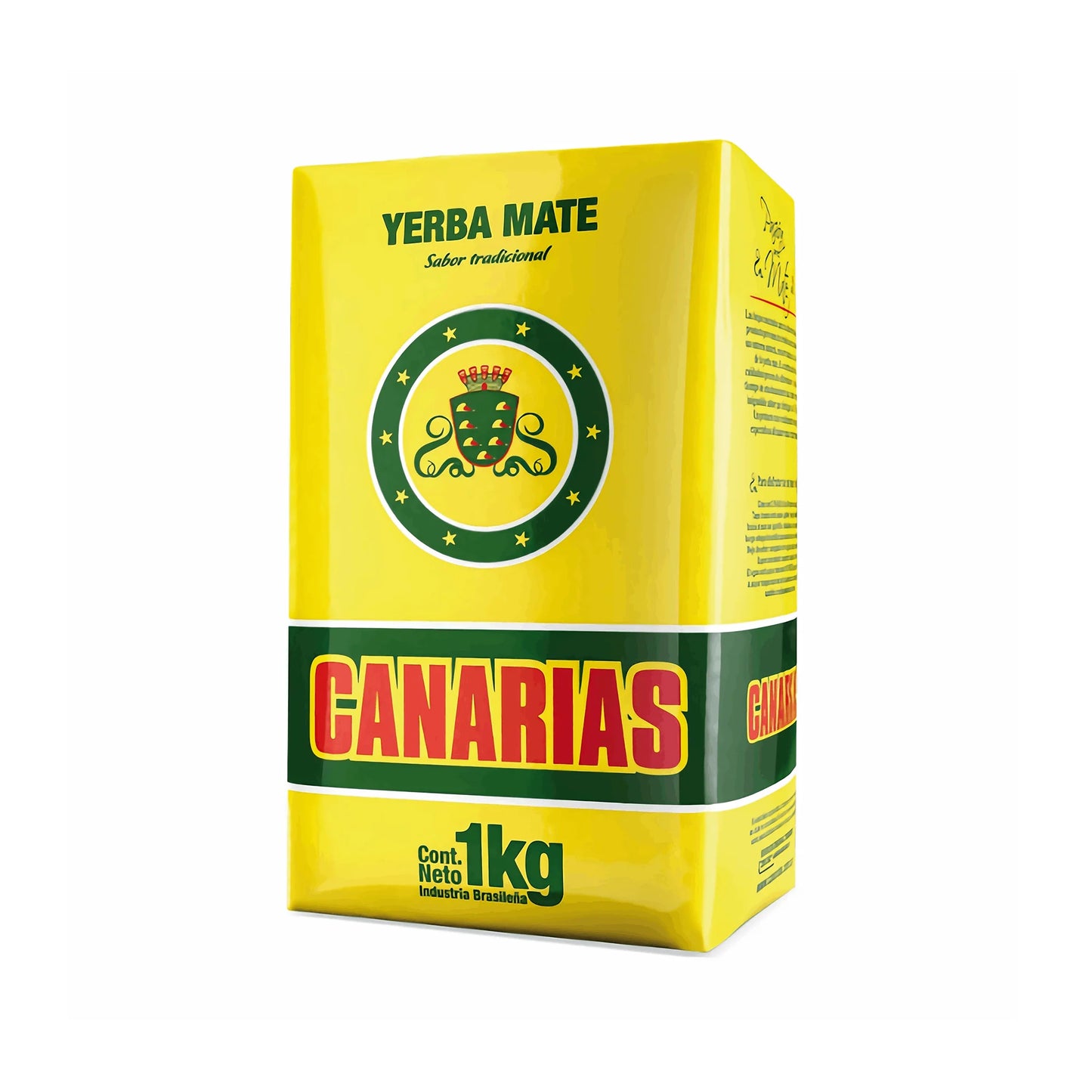 Paquete de yerba mate Canarias de 1kg en fondo amarillo con logo y texto en verde y rojo.