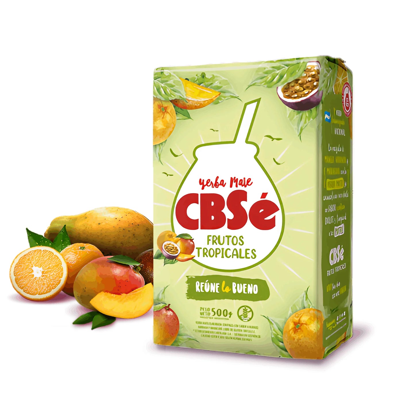 Paquete de yerba mate CBSé Frutos Tropicales. A su lado lo acompañan naranjas y mangos.