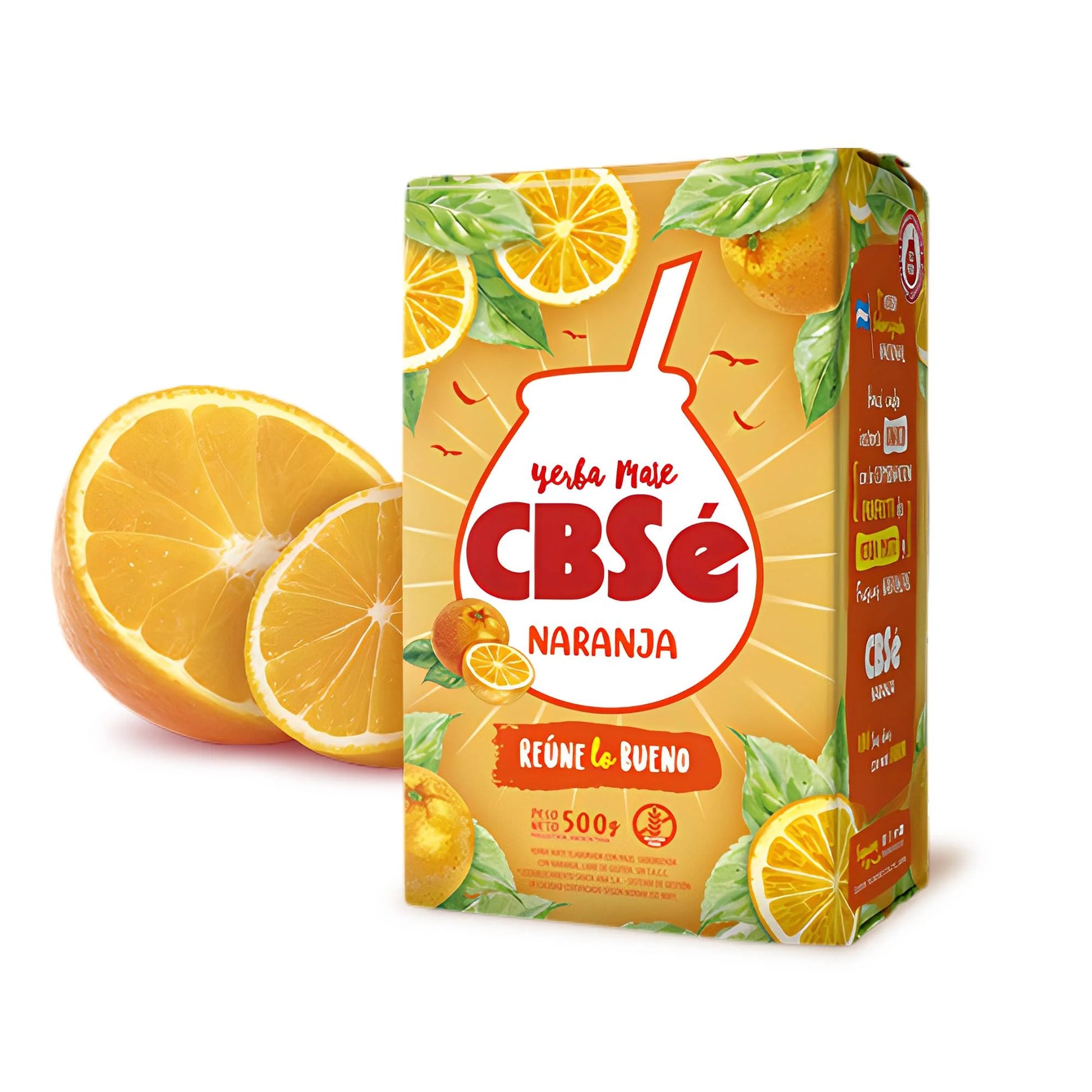 Paquete de yerba mate CBSé de naranja. Al lado dos trozos de naranja.