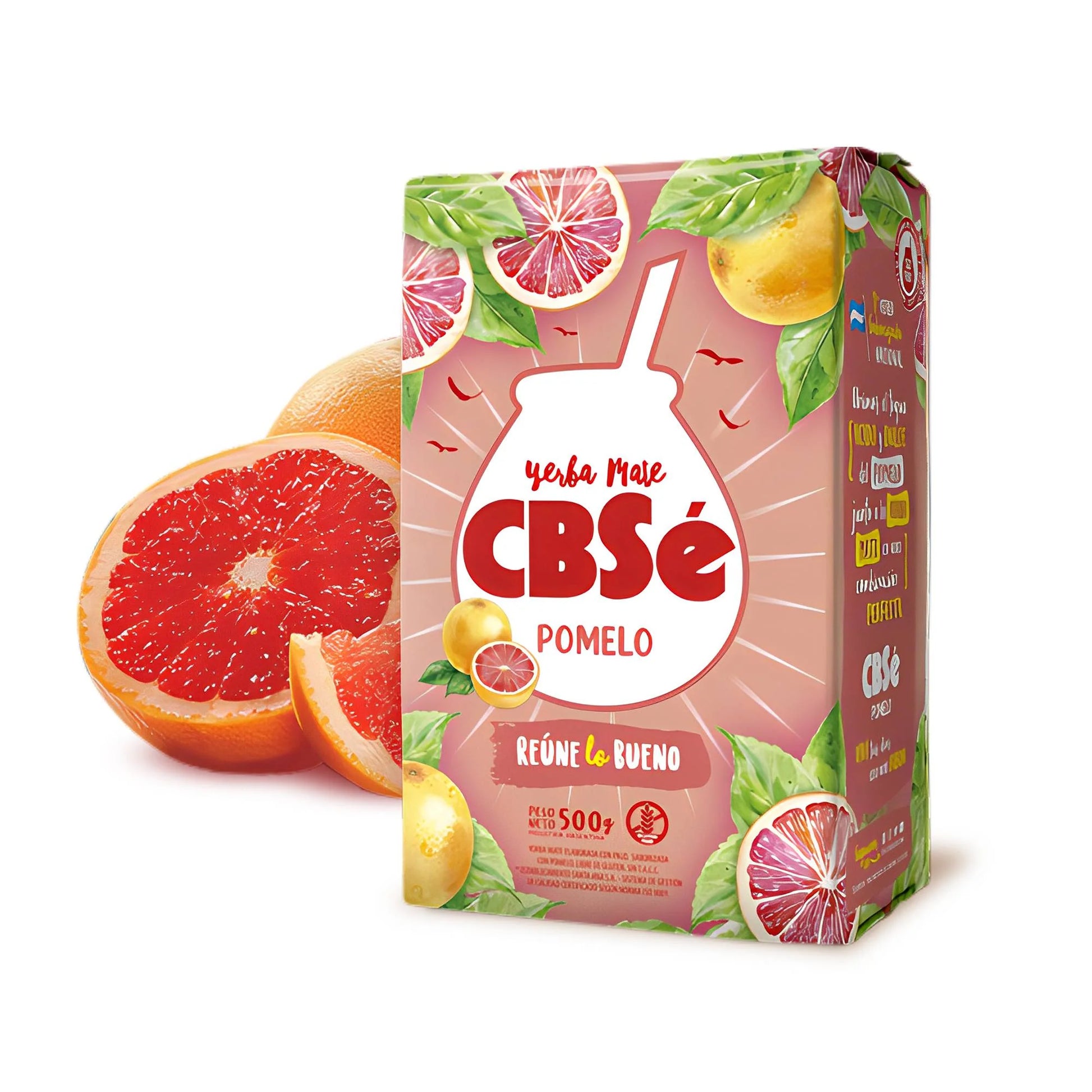 Paquete de yerba mate CBSé de pomelo. Al lado trozos de pomelo.