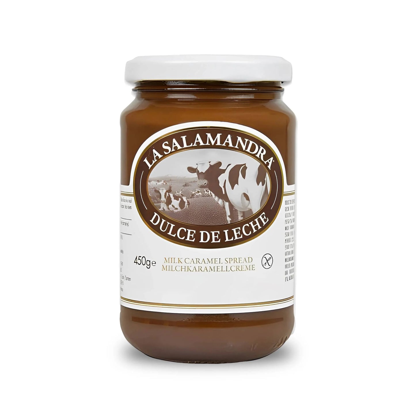 Frasco de vidrio de Dulce de Leche "La Salamandra" de 450 gramos.