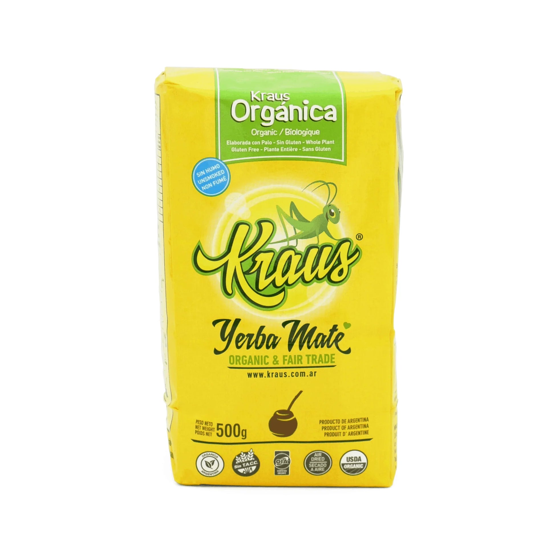 Paquete de yerba mate Kraus Orgánica 500gr. Diseño amarillo y verde.