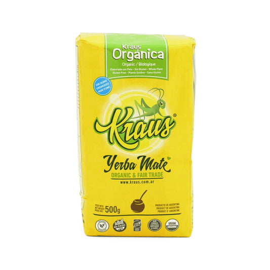 Paquete de yerba mate Kraus Orgánica 500gr. Diseño amarillo y verde.