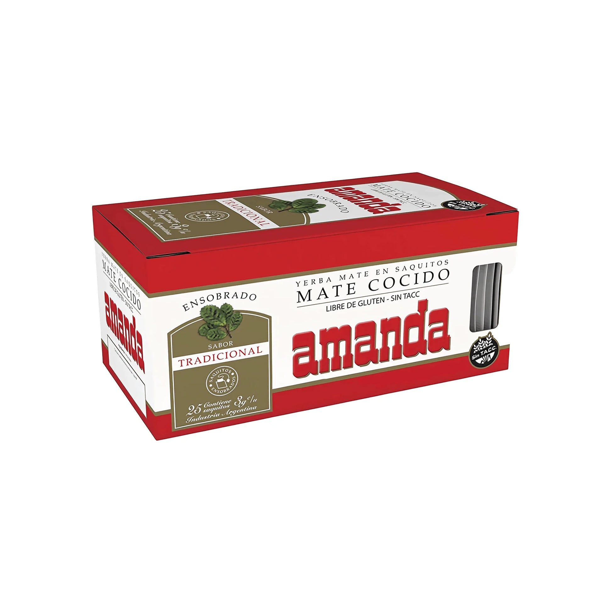 Caja de Mate Cocido Amanda con 25 saquitos, diseño rojo y verde sobre fondo blanco.