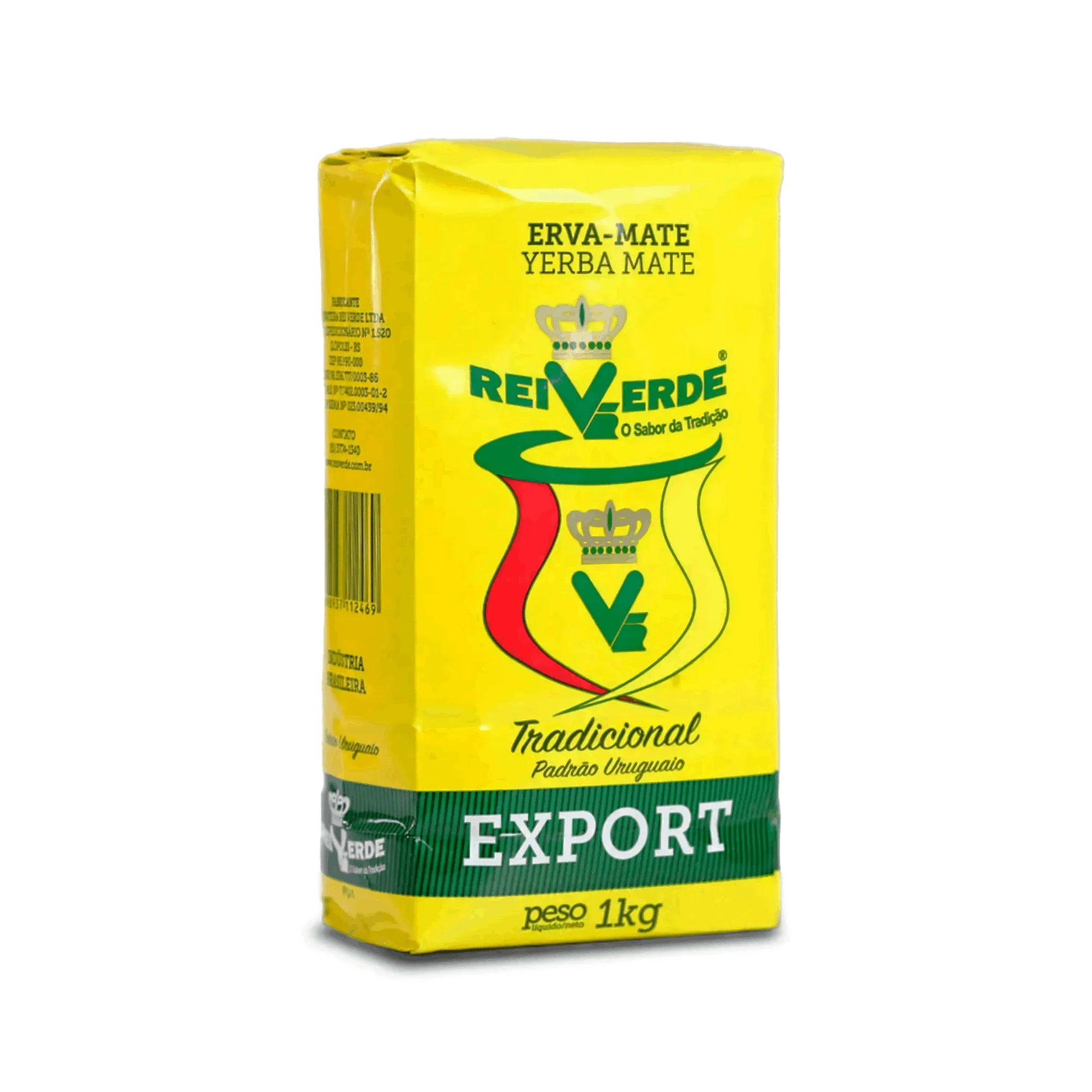 Paquete amarillo de yerba mate Rei Verde Tradicional de 1kg con detalles en verde y rojo.