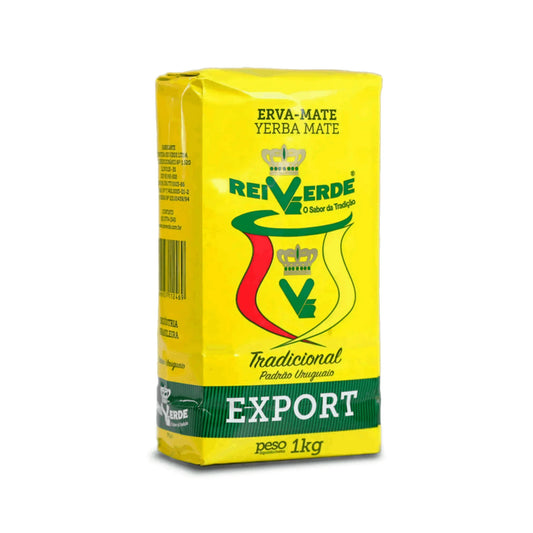 Paquete amarillo de yerba mate Rei Verde Tradicional de 1kg con detalles en verde y rojo.