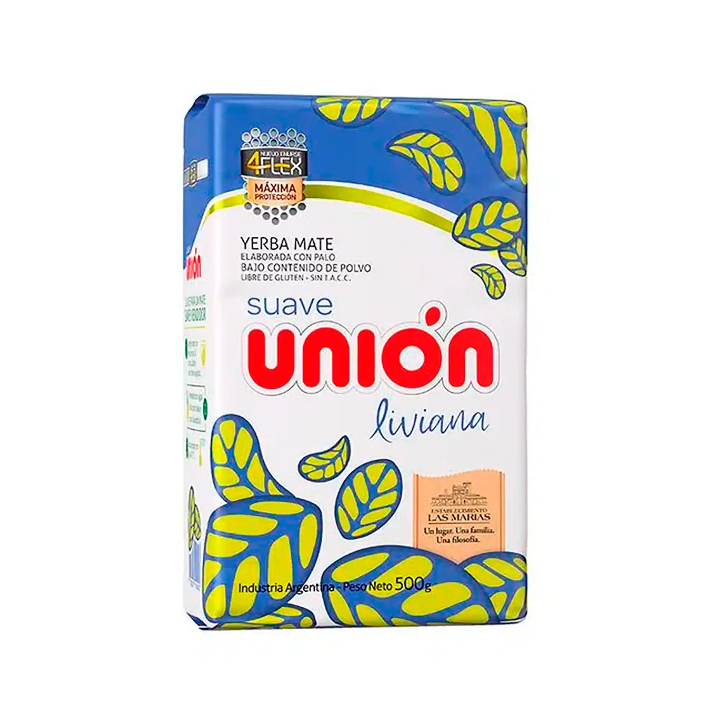 Paquete de yerba mate Unión Liviana de 500gr. Diseño en verde, azul y blanco.