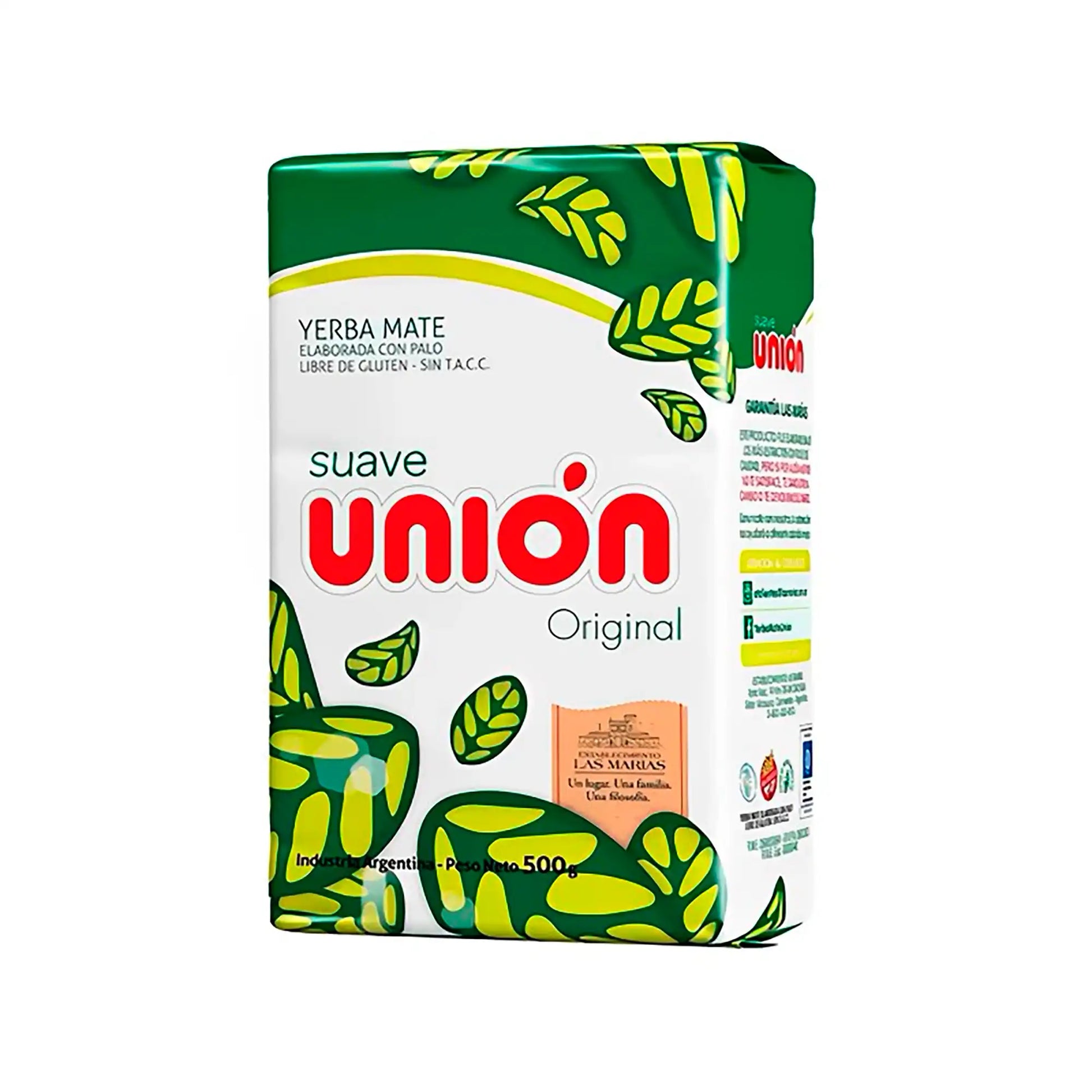 Paquete de yerba mate Unión Suave de 500gr. Diseño en verde y blanco.