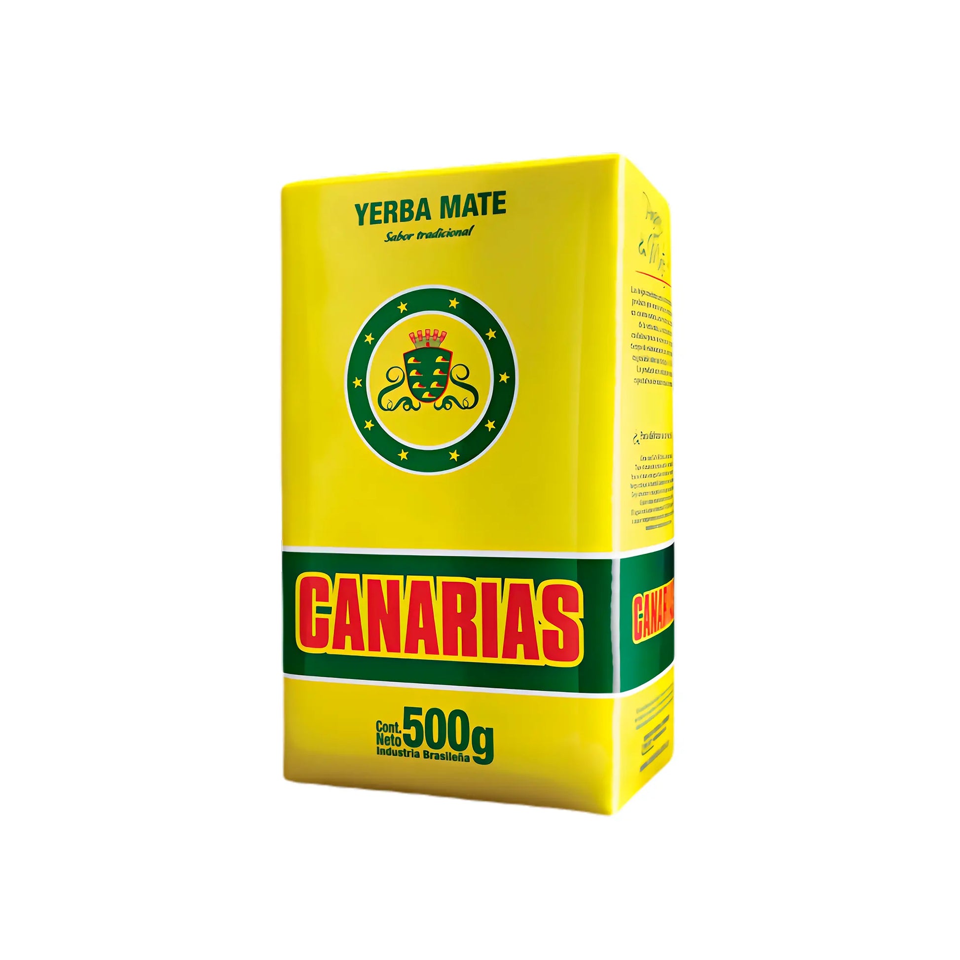 Paquete de yerba mate Canarias de 500g en fondo amarillo con logo y texto en verde y rojo.