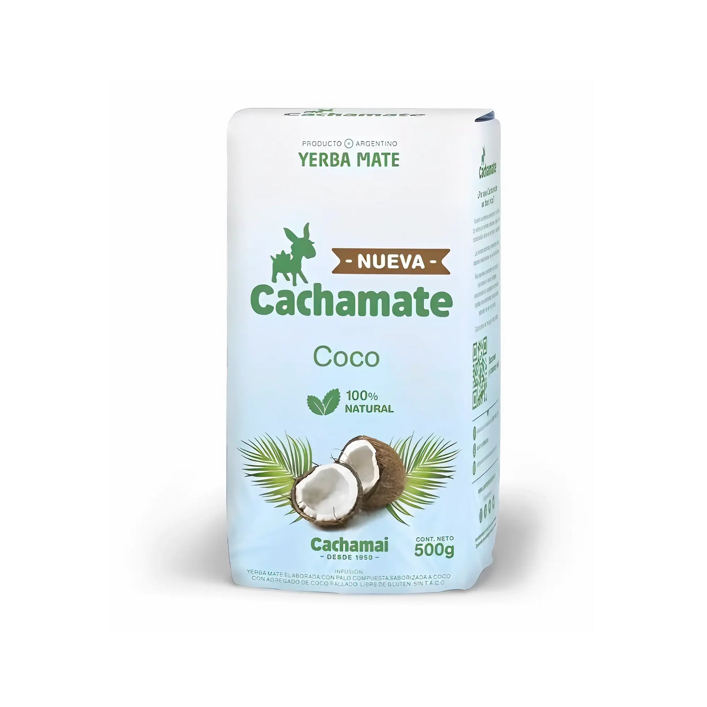 Paquete de yerba mate Cachamate de Coco de 500gramos. Diseño en colores celeste y blanco. 